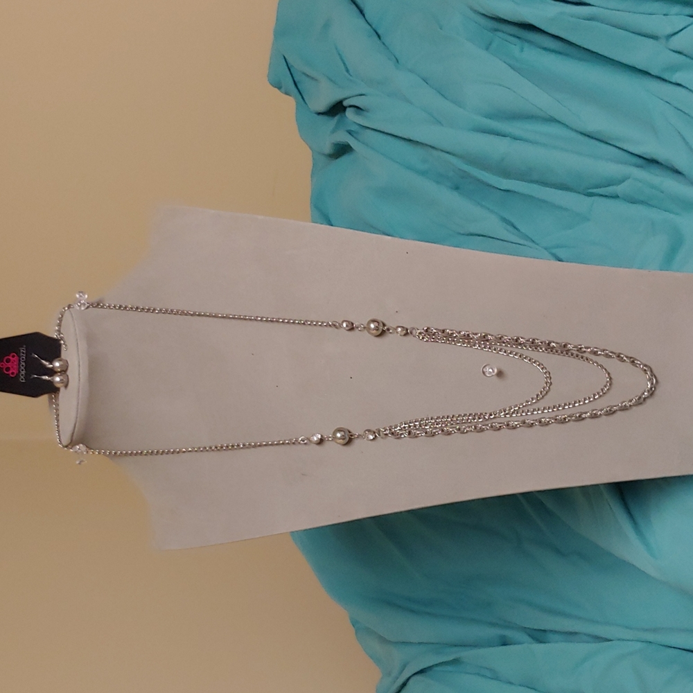 Paparazzi Silver chains with silver beads/ crystals and matching earrings
